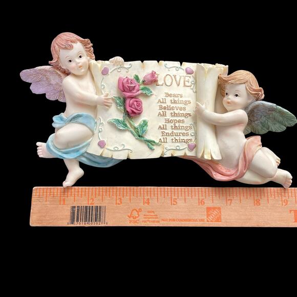 Vintage Cherub Wall Plaque 3D Angels Holding Love Scroll Art Hanging Decor - Picture 3 of 8